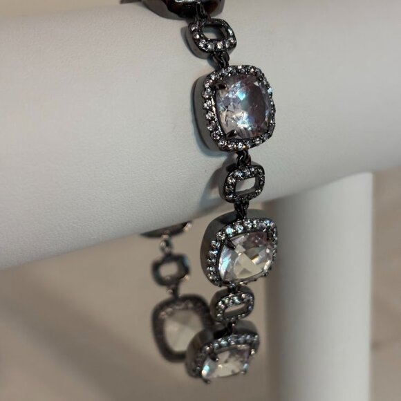 Silver Bracelet Created Quartz and Cubic Zirconia Black Plating 7.5" - Picture 13 of 16